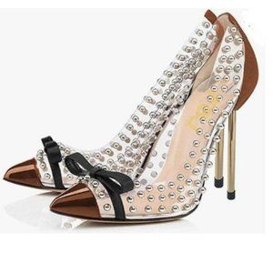 FSJ Brown Pointed Toe High Heels Shoes with Cute Bowknot